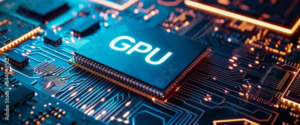 Obraz closeup view on GPU chip, computing, and artificial intelligence technology, AI supercomputer in the style of modern technology