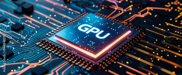 Obraz closeup view on GPU chip, computing, and artificial intelligence technology, AI supercomputer in the style of modern technology