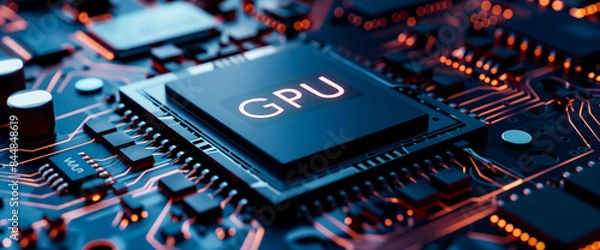 Obraz closeup view on GPU chip, computing, and artificial intelligence technology, AI supercomputer in the style of modern technology
