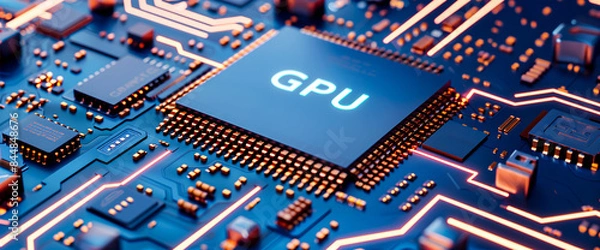 Obraz closeup view on GPU chip, computing, and artificial intelligence technology, AI supercomputer in the style of modern technology