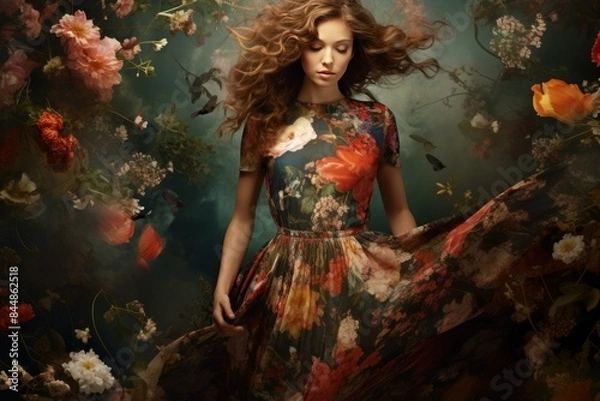 Fototapeta Ethereal floral dream: a surreal and enchanting themed photoshoot featuring a woman in a blooming floral dress. Creating a dreamy. Romantic and elegant portrait with flowing hair and a magical