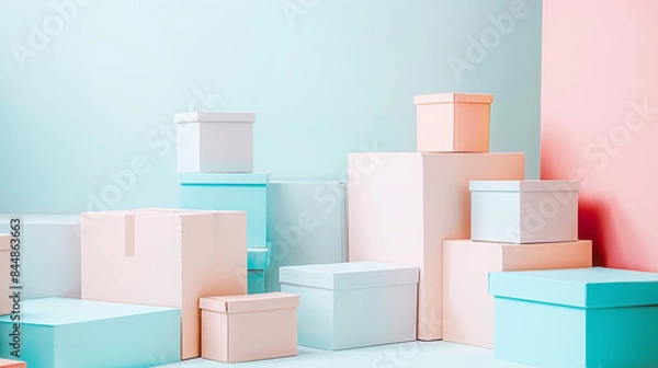 Fototapeta Pastel Colored Gift Boxes on Gradient Background Minimalistic Packaging Concept