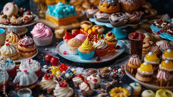 Fototapeta Assorted candies and cakes with sugar gummies stock image, created with geenrative AI