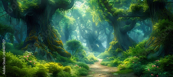 Obraz A beautiful fairytale enchanted forest with big trees and great vegetation. Digital painting background