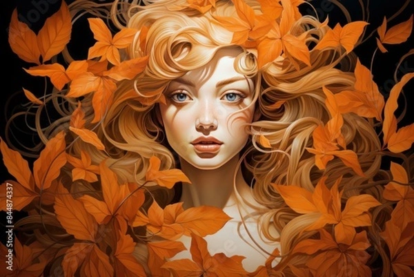 Fototapeta Digital art of a woman with wavy hair surrounded by vibrant autumn leaves