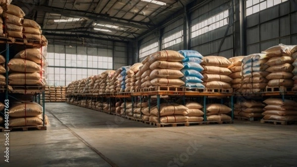 Fototapeta Forklift handling sugar bag for stuffing into container for export. Distribution, Logistics Import Export, Warehouse operation, Trading, Shipment, Delivery concept.