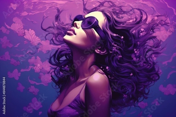 Obraz Artistic representation of a woman with flowing hair and sunglasses on a purple background