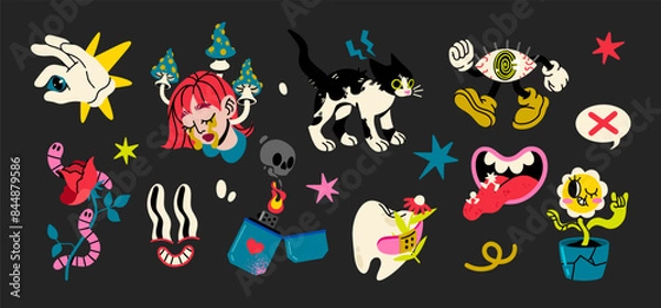 Fototapeta Vector Psychedelic collection cartoon sticker set. Retro faces smiling, a girl with mushrooms, a funny cat, a lighter, worms on a rose, a groovy daisy, a tooth, an eye with gloved hands.