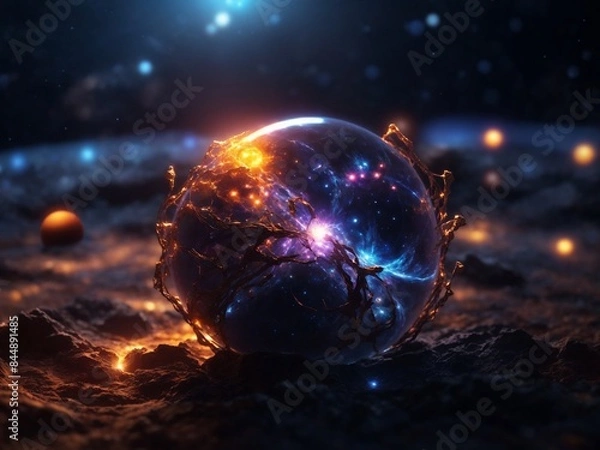 Fototapeta "Eternal Glow: A Hyper-Realistic, Cinematic Exploration of the Solar System with a Dark, Glowing Sphere and Fiery Insects in 8K Ultra HD"