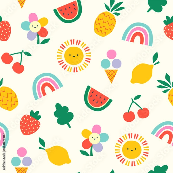 Obraz Children's summer vector seamless pattern with cute hand drawn rainbow, sun, fruit for fabric, packaging, wallpaper, wrapping paper design
