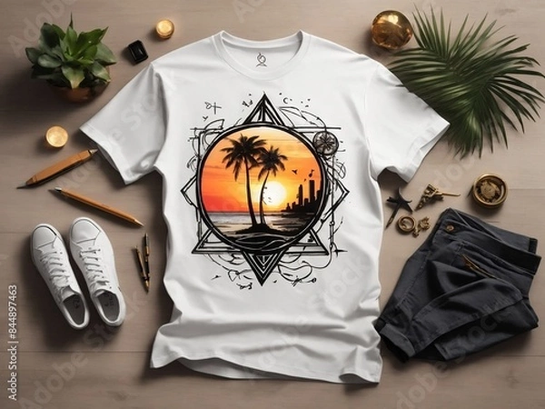 Fototapeta "Gritty Beach Magic: A Hand-Drawn Sketchbook Style Sunset on a Beach with Palm Trees and Arcane Symbols in 4K Ultra HD"