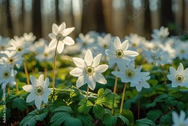 Fototapeta Beautiful white flowers of anemones in spring in a forest close-up in sunlight in nature. Spring forest landscape with flowering primroses