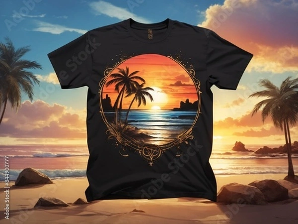 Fototapeta "Sunset Enchantment: A Hand-Drawn, Realistic Beach Sunset with Palm Trees and Arcane Symbols in a Gritty Sketchbook Style, 4K Ultra HD"