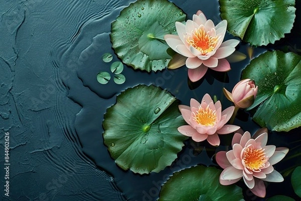 Fototapeta Beautiful pink Lotus flower with green leaves in nature for background, top view. Leydecker water lily top view close up