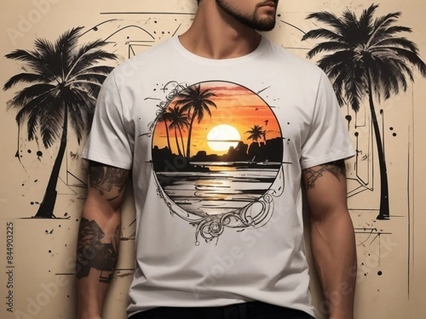 Fototapeta "Mystic Beach Twilight: A Hand-Drawn, Realistic Beach Sunset with Palm Trees and Arcane Symbols in a Gritty Sketchbook Style, 4K Ultra HD"