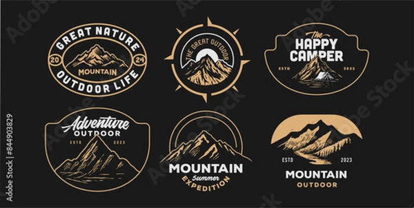 Fototapeta mountain adventure hipster logos. Set of Vintage Outdoor mountains Summer Camp badges or Patches. vector emblem designs. Great for shirts, stamps, stickers logos and labels.
