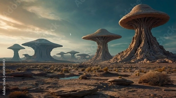 Fototapeta Fantastic Sci-fi landscape of a spaceship on a sunny day, flying over a desert with amazing arch-shaped rock formations - Illustration 3d
