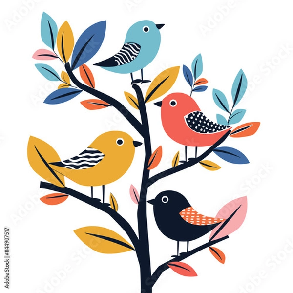 Fototapeta Colorful birds perched tree branches adorned leaves. Four stylized songbirds, vibrant feathers, nature themed graphic. Artistic branch playful avian characters, simple shapes, modern design