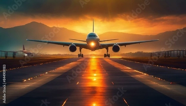 Fototapeta airplane landing at sunset