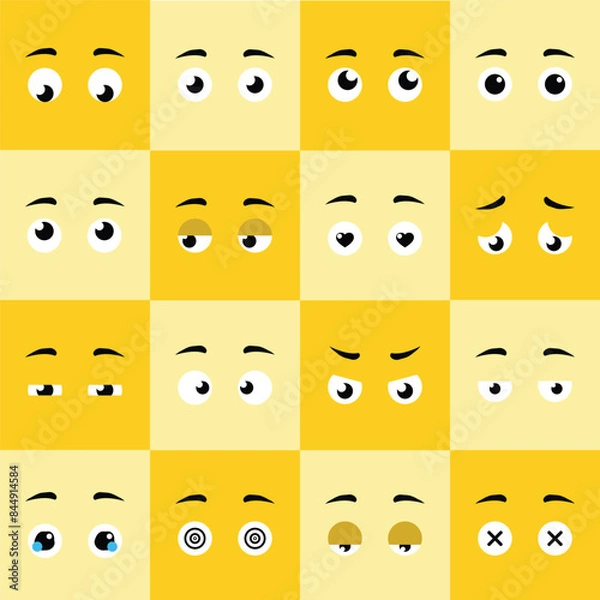 Fototapeta Funny yellow cartoon eyes pack different feelings, emotions, and emoticons