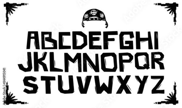 Obraz Woodcut style alphabet with a leather hat. Typical symbols of northeastern Brazil.
