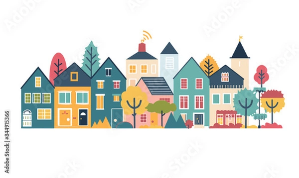 Fototapeta Colorful town houses trees, cartoon urban landscape, flat design. Quaint neighborhood scene, stylized residential district, variety homes architecture. Isolated white background