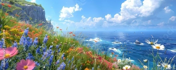 Fototapeta Coastal cliffs with wildflowers in bloom