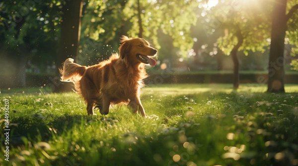 Fototapeta Detailed image of a dog joyfully playingfetch