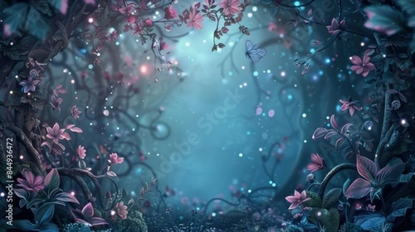 Fototapeta A lush green forest with a bright sun shining through the trees. The scene is full of life and color, with butterflies fluttering around and flowers blooming