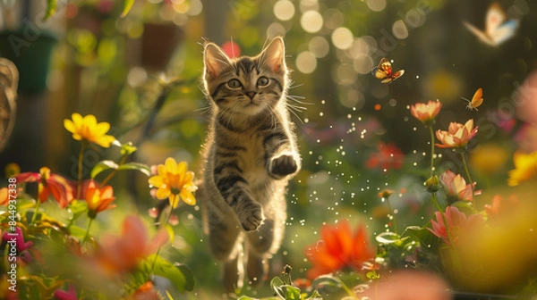 Fototapeta Cat joyfully jumping in a field of flowers