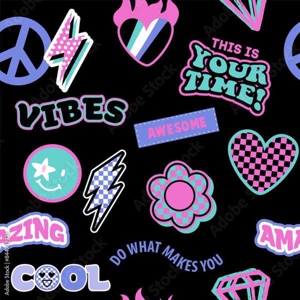 Fototapeta Abstract seamless pattern with stickers  on retro style. Funny background. Wallpaper for cool teen girl