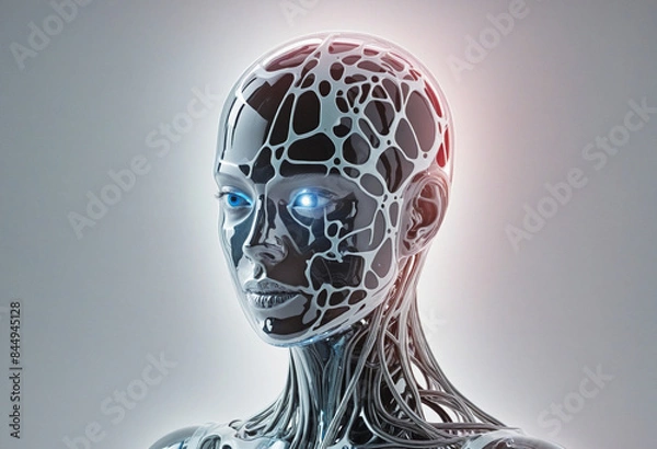 Fototapeta Technological advancements in brain integration: Illuminated neural strands connecting to futuristic entities