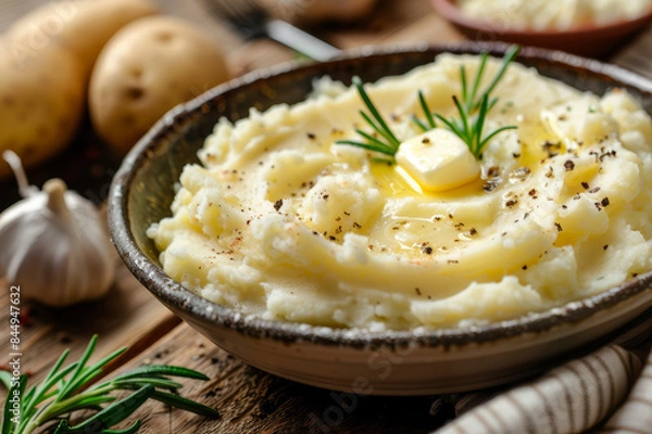 Fototapeta A close-up of mashed potatoes with butter melting on top, served in a white bowl on a rustic table.. AI generated.