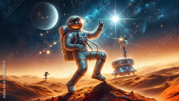 Fototapeta Astronauts dancing in space. Man moving on the sand. Spacecraft and entertainment