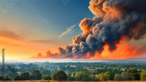 Obraz Explosion of fire smoke on sky background.