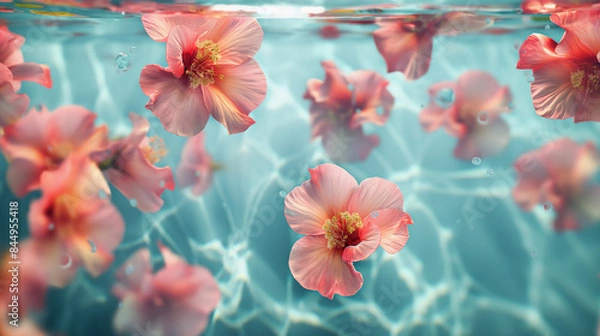 Obraz Natural background, flowers under water by water. Flowers floating under water and illuminated by sun rays