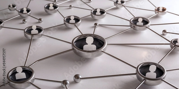 Fototapeta Circles of Human Connections in Minimalist Metallic Network - Technological Abstract.