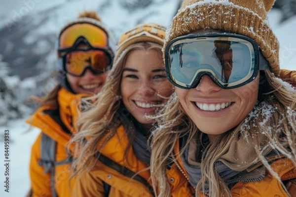 Fototapeta Close up on a young female skier, smiling with friends against a snowy backdrop, wearing ski goggles