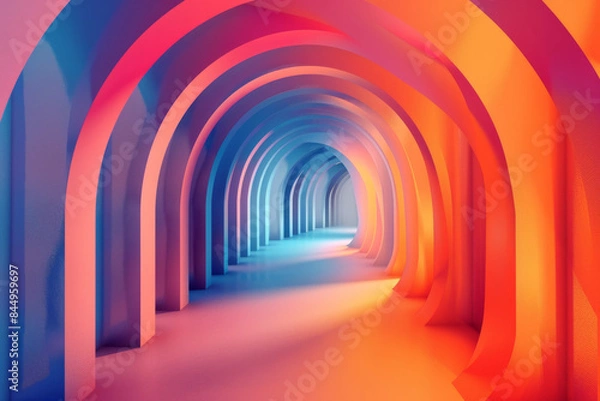 Fototapeta Abstract colorful background with a gradient of red, orange and blue colors. The interior is made in the form of an arched tunnel with concrete walls. Vector illustration