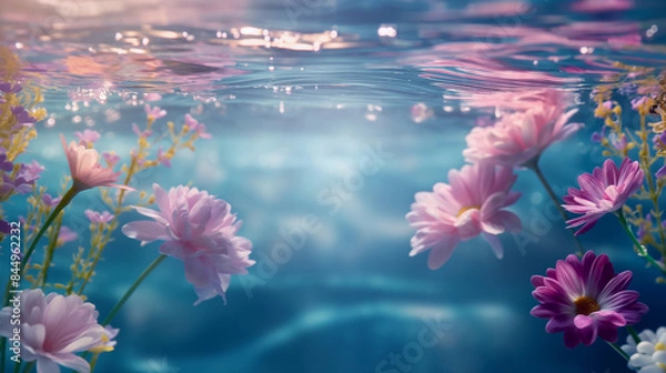 Fototapeta Natural background, flowers under water by water. Flowers floating under water and illuminated by sun rays