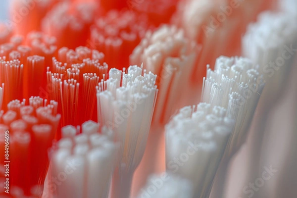 Fototapeta Detailed and close-up image of toothbrush bristles in a mix of red and white, emphasizing the texture and structure against a muted background.. AI generated.