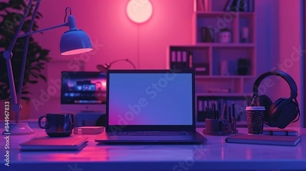 Fototapeta Laptop, Headphones, and a Cup of Coffee on a Desk in a Pink Lit Room