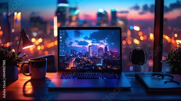 Obraz Night City Skyline on Laptop Screen with Desk Accessories