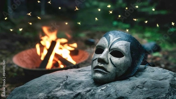 Fototapeta Dark theme of a mask on a rock near a camp fire with firefly
