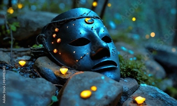 Fototapeta Dark theme of a mask on a rock near a camp fire with firefly
