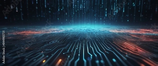 Fototapeta An abstract digital background with binary code and AI algorithms running in the background