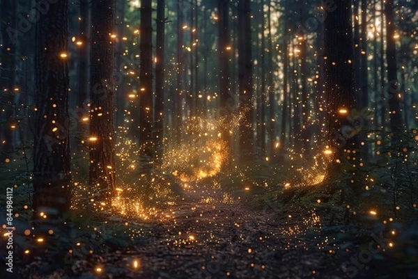 Fototapeta Enchanted forest pathway illuminated by glowing fireflies and sparkling lights, creating a magical and mystical atmosphere.