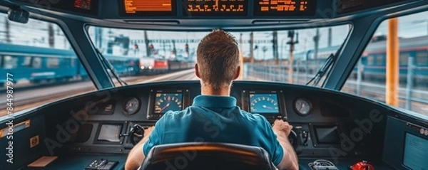 Obraz Train driver at controls in cabin view