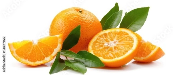 Fototapeta Isolated orange fruit with leaves. Whole oranges, slices, and leaves on a white background. Isolated orange slice.