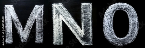 Fototapeta Letters M, N, O. White Chalk Alphabet on Black Background: Contrast in Monochrome.